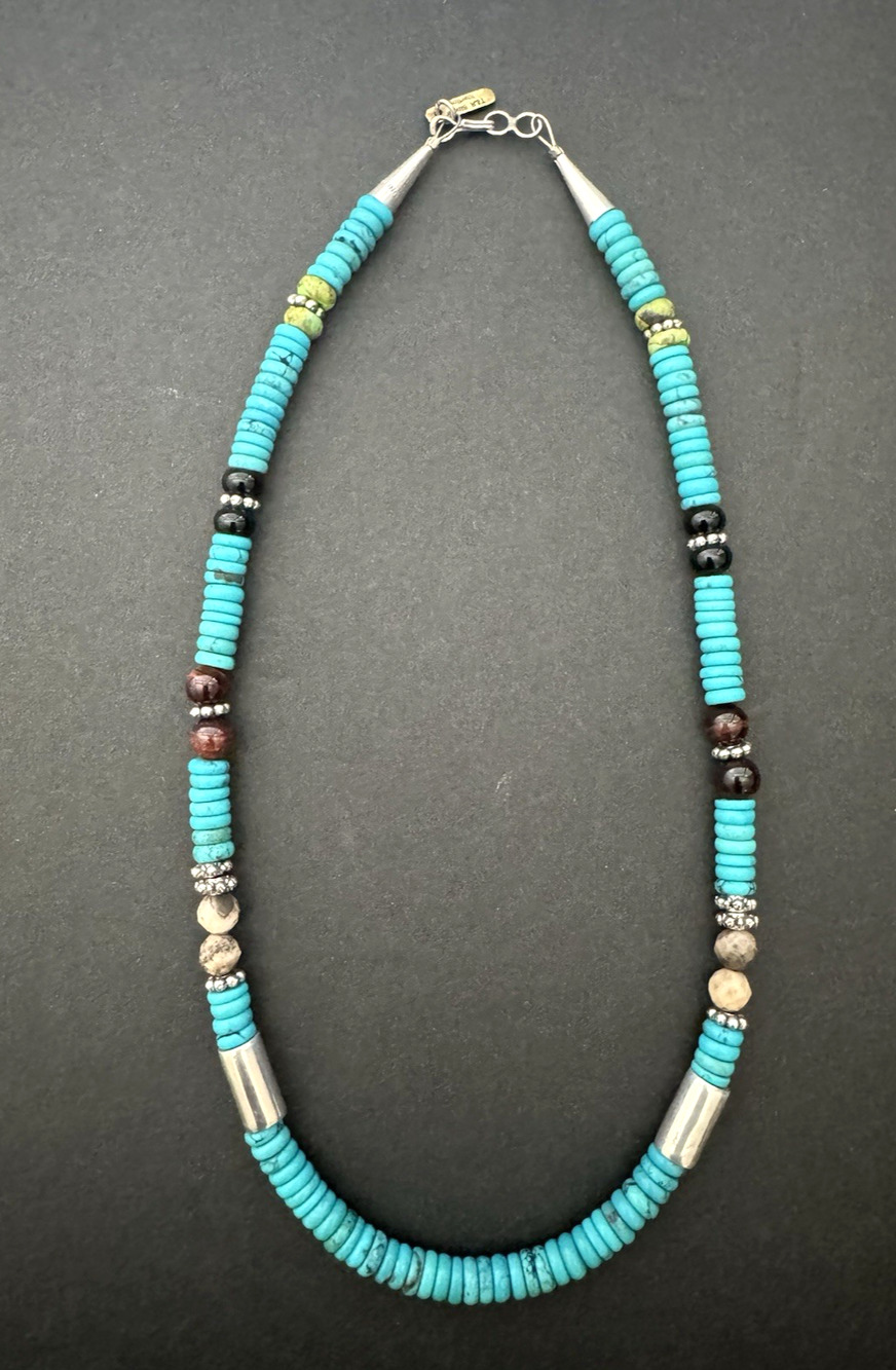T&R Singer Necklace Navajo Turquoise 925 Silver Spiny Oyster Tiger's Eye Beaded